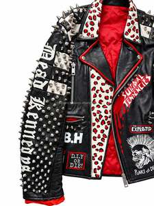 Chaqueta de Motociclista de Cuero Genuino para Mujer MH, Manga Larga, Decorada con Remaches y Parches, Cierre de Cremallera, Cuello Camisero, Estilo Otoñal - Product Image 5