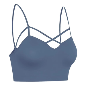 Sujetador deportivo para mujer, top corto azul con tiras, diseño cruzado frontal, ropa deportiva para fitness, proveedor mayorista OEM personalizado - Product Image 4