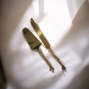 Gold Plated Cake Server Set With Branch Handle Design <b>Mirror</b> Finish Wedding Serving Utensils Modern Style Durable Long Handle - Product Image 1