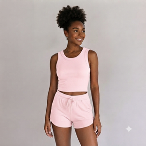 Ensemble d'été pour femmes : débardeur rayé sans manches et short assorti, logo personnalisable, mélange de coton confortable, deux pièces - Product Image 1