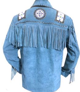 Mens Blue <b>Suede</b> Leather <b>Jackets</b> New Design Western Shirt <b>Jacket</b> Beaded <b>Fringe</b> Cowboy Ranch Coat Vintage Frontier Rodeo Low Price - Product Image 2
