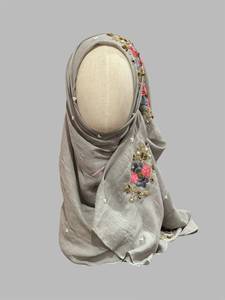 Hijab carré extensible en soie brodée fait main, pour performance, ALI FASHION ART, gris, perlé, pour femme - Product Image 3