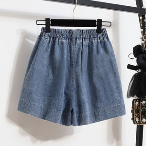Shorts en jean taille haute pour femme, coupe ample, taille élastique, couleur unie, style décontracté avec poches, tissu délavé - Product Image 2