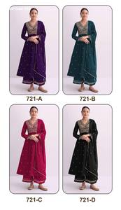 Conjunto de traje semi-cosido con pantalón palazzo de seda Vichitra de alta calidad con hilo de viscosa y Zari con trabajo de lentejuelas, proveedor indio. - Product Image 4