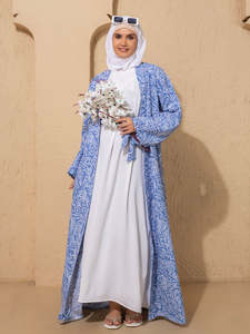 Women's Blue Paisley Print Abaya Floor Length Loose Fit Long Sleeve Modest Daily Wear Middle East Style Polyester Summer <b>Dress</b> - Product Image 5