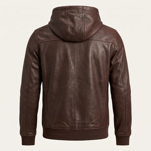 Chaqueta de Invierno para Hombre, de Cuero Genuino Marrón, Ecológica, con Capucha, Casual, Resistente al Viento, Corte Regular - Product Image 2
