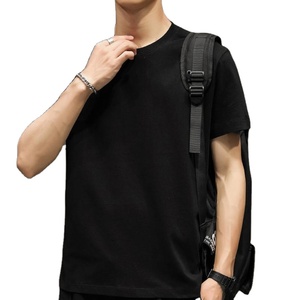 เสื้อยืดแขนสั้นคอกลมสีดำสำหรับผู้ชาย ทรงปกติ สวมใส่สบาย ผ้าถักเนื้อเจอร์ซีย์ สีพื้น ย้อมสีเรียบ ผ้าฝ้าย 100% แห้งเร็ว - Product Image 1