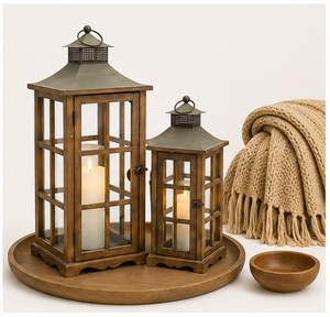 <b>Set</b> of 2 Rustic Wooden Decorative <b>Lanterns</b> with Metal Top Vintage Distressed Brown Wood Candle Holders for Indoor Home Decor - Product Image 2