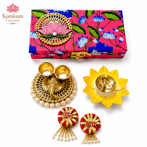 New Arrival Trending Indian Wedding Return Gift <b>Box</b> ,Brass Diya ,Roli Chawal Platter, Shubh Labh Hanging Festive <b>Hamper</b> GiftSet - Product Image 2