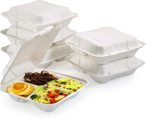 Contenedores de Papel con 3 Compartimentos, 100% Compostables, Resistentes al Agua, con Tapa Abatible, de Bagazo Natural Desechable - Product Image 1