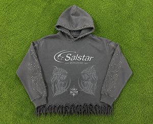 Sweat-shirt à capuche gris vieilli personnalisé avec strass pour homme, style streetwear, logo personnalisé, impression graphique et manches ornées - Product Image 6