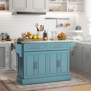 Isola da Cucina Portatile Blu Teal in Rovere con 2 Cassetti, Porta Spezie, Portasciugamani, Carrello Mobile con Ruote Nascoste per Sala da Pranzo Domestica - Product Image 2