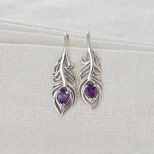 Pendientes de Plata de Ley con Amatista y Pluma de Pavo Real, Joyería de Piedra de Nacimiento de Febrero - Product Image 5