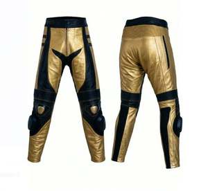 Pantalon de moto pour homme en cuir noir et or, fait main, respirant et à séchage rapide - Product Image 1