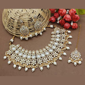 Conjunto de collar y aretes de cuentas Kundan chapados en oro blanco NS619, joyería fina nupcial, conjunto de moda. - Product Image 1