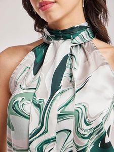 Top Casual para Mujer, Diseño sin Mangas con Cuello Halter, Detalle de Lazo y Estampado Floral, Tela Satén Suave para Ocasiones Festivas - Product Image 3