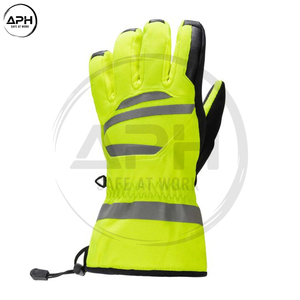 Hi Vis Yellow Heavy Duty Mechanics Gloves Drawstring Long Extended Cuff Reflective <b>Strip</b> Black Reinforced Palm Working Gloves - Product Image 3