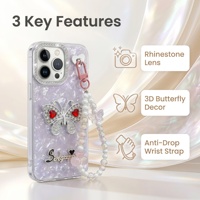 Coque de téléphone à motif papillon en strass, coque rigide transparente avec bracelet perlé, coque de téléphone tendance antidérapante et résistante aux chutes