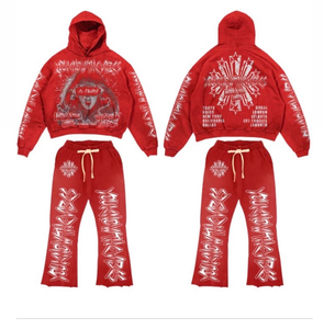 Ensemble de luxe sweat à capuche court et pantalon de survêtement évasé en coton épais délavé à l'acide, ourlet brut, imprimé graphique premium, collection streetwear - Product Image 5