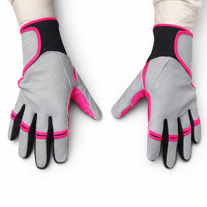 Pink Grey Leather & Black Accent Batting Gloves <b>Hook</b> And Loop Closure Unisex Adult Training Durable - Product Image 2