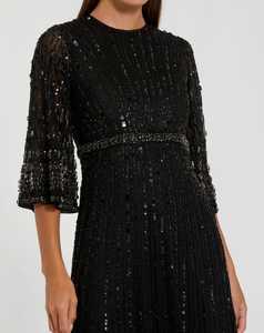 Vestido de Noche Elegante Negro de Satén con Cuentas, Manga 3/4, Cuello Redondo, Estilo Tubo, Largo hasta el Suelo, Corte Imperio, Antiarrugas, con Patrón Geométrico - Product Image 3