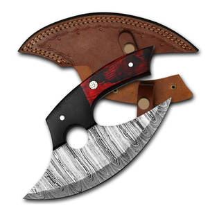 Custom Handmade Damascus Steel Pizza Cutter Wheel Ulu Knife With Red & Black Handle Kitchen Axe with Genuine Leather Sheath - Product Image 1