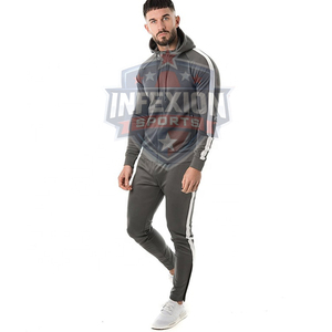 Men's Gray Hooded <b>Tracksuit</b> Full Zipper Sporty Fit With White Side Stripes Breathable Polyester Joggers Set Autumn Wear - Product Image 3