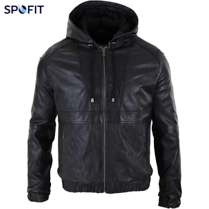 <b>Men's</b> Custom Leather Bomber Hooded <b>Jacket</b> Zipper Closure <b>Woollen</b> Silk Shell Casual Outerwear Winter Soft Breathable - Product Image 2