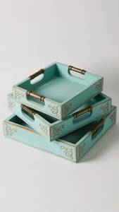 Luxury Decorative MDF Turquoise Wooden Serving Tray <b>With</b> Handles Hand Painted Nesting <b>Storage</b> Display Tray For <b>Coffee</b> <b>Table</b> Use - Product Image 3