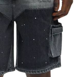Shorts cargo en jean noir pour homme, coupe ample respirante, longueur genou, en coton, style streetwear décontracté, multi-poches, effet usé, été - Product Image 5