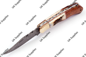Handmade Damascus Steel Drop Point Camping Folding Pocket <b>Knife</b> Industrial Grade Stag Horn Rosewood <b>Handle</b> Leather Pouch OEM - Product Image 4