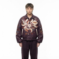 Blouson Bomber en Cuir Bordeaux pour Homme avec Broderie Renard Kitsune à Neuf Queues Japonais, Style Vintage Oversize Streetwear