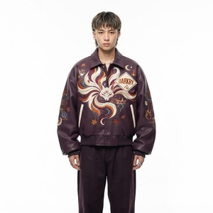 Japanese Nine Tailed Kitsune Fox Embroidery Mens <b>Burgundy</b> <b>Leather</b> Bomber <b>Jacket</b> Vintage Oversized Streetwear Outerwear - Product Image 1