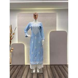 DESIGNER RAYON COTON BRODERIE TRAVAIL KURTI AVEC PALAZZO SKY - Product Image 2