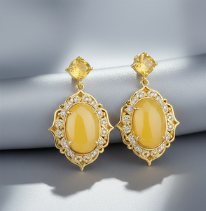 Pendientes de Ónix Amarillo y Circonita Cúbica |   Ovalado de 8 mm |   Plata de Ley 925 Chapada en Oro de 18K |   Joyería llamativa |   Joyería de Boda - Product Image 5