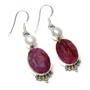 Pendientes Colgantes de Plata de Ley 925 con Cuarzo Rojo y Perla Blanca, Joyería Vintage Hecha a Mano para Mujer - Product Image 5