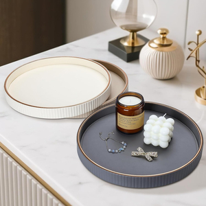 Plateau de service, grand plateau décoratif, plateau décoratif rond en cuir PU pour la cuisine, le salon, plateaux en cuir - Product Image 6