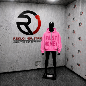 เสื้อฮู้ดซิปสีชมพูสดสำหรับผู้ชาย ลายกราฟิก FAST MONEY ทรงโอเวอร์ไซส์ ผ้าฟลีซ แขนประดับคริสตัล สไตล์สตรีทแวร์ แฟชั่นลำลอง ผ้าเฟรนช์เทอร์รี่ - Product Image 3