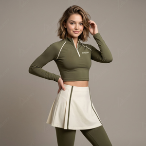 For Performance Women's Olive Green Long Sleeve Crop <b>Top</b> With White Skirted Leggings Modest Sportswear Set - Product Image 1