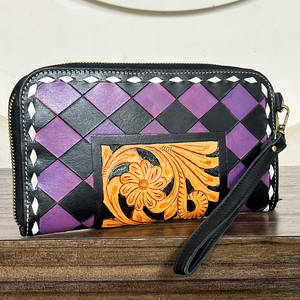 Premium Rustic Hand Tooled Genuine Leather Checkered Pattern <b>Clutches</b> Purse Zipper With Luxury Flower Design Women's Daily Use - Product Image 1