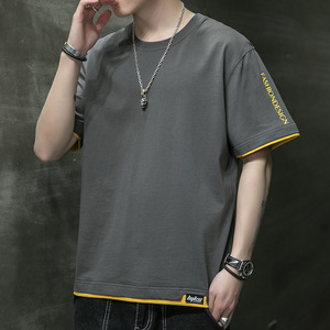 เสื้อยืดผู้ชายสีดำ ผ้าฝ้าย 100% แขนสั้น คอกลม สไตล์ลำลอง สตรีทแวร์ แต่งขอบตัดกัน ทรงหลวม ผ้าถัก สีพื้น ไม่หด - Product Image 2