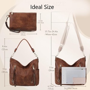 Sac hobo vintage en cuir véritable de haute qualité avec bandoulière, grande capacité, fermeture éclair, pour usage quotidien féminin, marron à rivets - Product Image 3