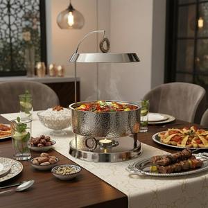 Plat de service de luxe en acier inoxydable martelé avec couvercle suspendu et accents en bois pour buffets, traiteurs et services de mariage - Product Image 3