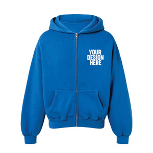 Sweat à capuche zippé bleu pour homme en molleton de coton, coupe oversize décontractée avec poche avant imprimée, idéal pour l'automne, coupe classique - Product Image 1