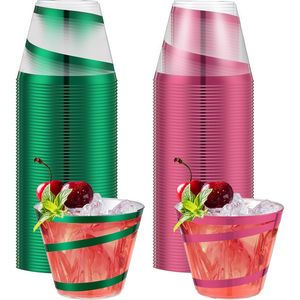 Eleganti Bicchieri Monouso in Plastica Trasparente con Bordo Ondulato per Vino e Bevande, per Feste Natalizie, in Rosa e Verde, 50 Pezzi - Product Image 1