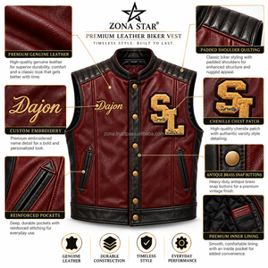 Gilet de moto en cuir décontracté brodé en chenille personnalisé, bicolore bordeaux et noir, en cuir de vachette, sans manches, pour homme et femme - Product Image 2