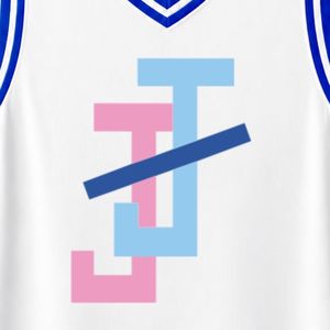 Maillot de basket-ball blanc pour femme avec logo JJ brodé, sans manches, col en V, avec bordure contrastée, pour tenue de match personnalisée - Product Image 3