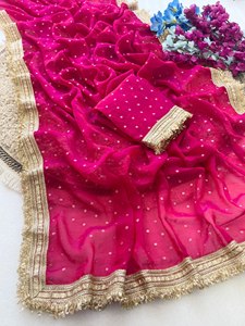 Sari en soie avec bordure dorée et pois pour femmes, tenue de mariage indienne et pakistanaise, robe traditionnelle longue jusqu'au sol - Product Image 2
