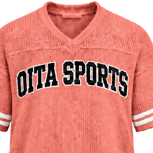 <b>Coral</b> Pink Custom Knitted V Neck Jersey Short Sleeve Striped Sports Shirt Breathable Oversized Casual Athletic Teamwear <b>Top</b> - Product Image 5
