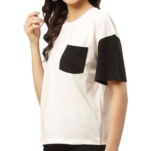 Women's Eco-Friendly Crew Neck T-Shirt Short Sleeve Loose Fit <b>Patchwork</b> Casual <b>Top</b> White Black Knitted Cotton 2026 - Product Image 5